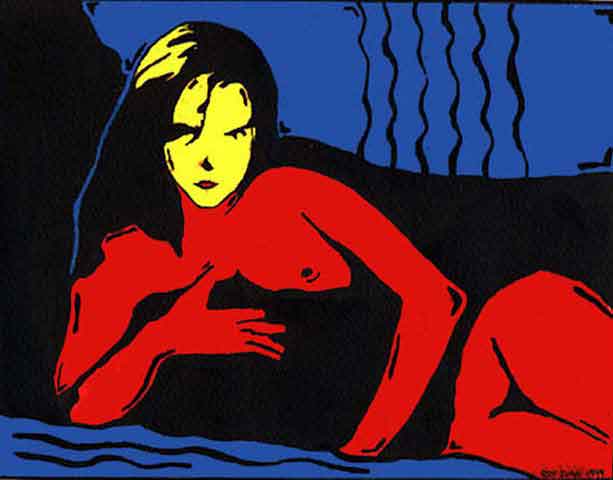 dessin et photo de charme, femme nue allongée sur la plage