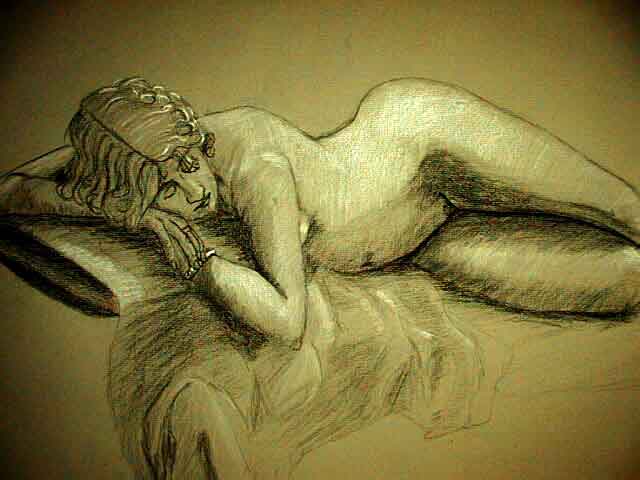 dessin et photo de charme, femme nue allongee sur un lit